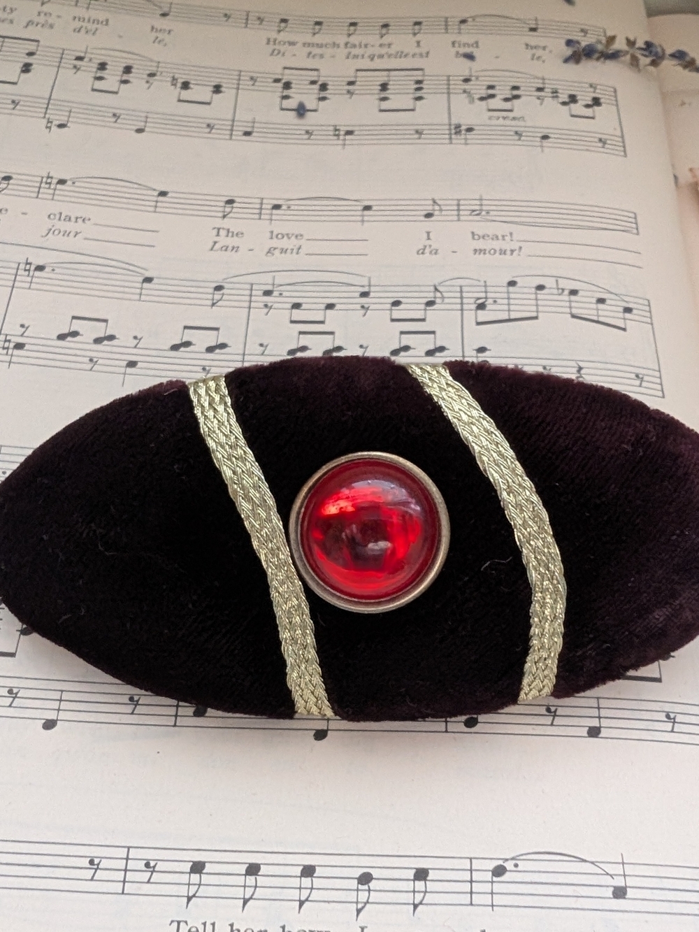 Velvet Vintage Barette with Red Glass Cabochon